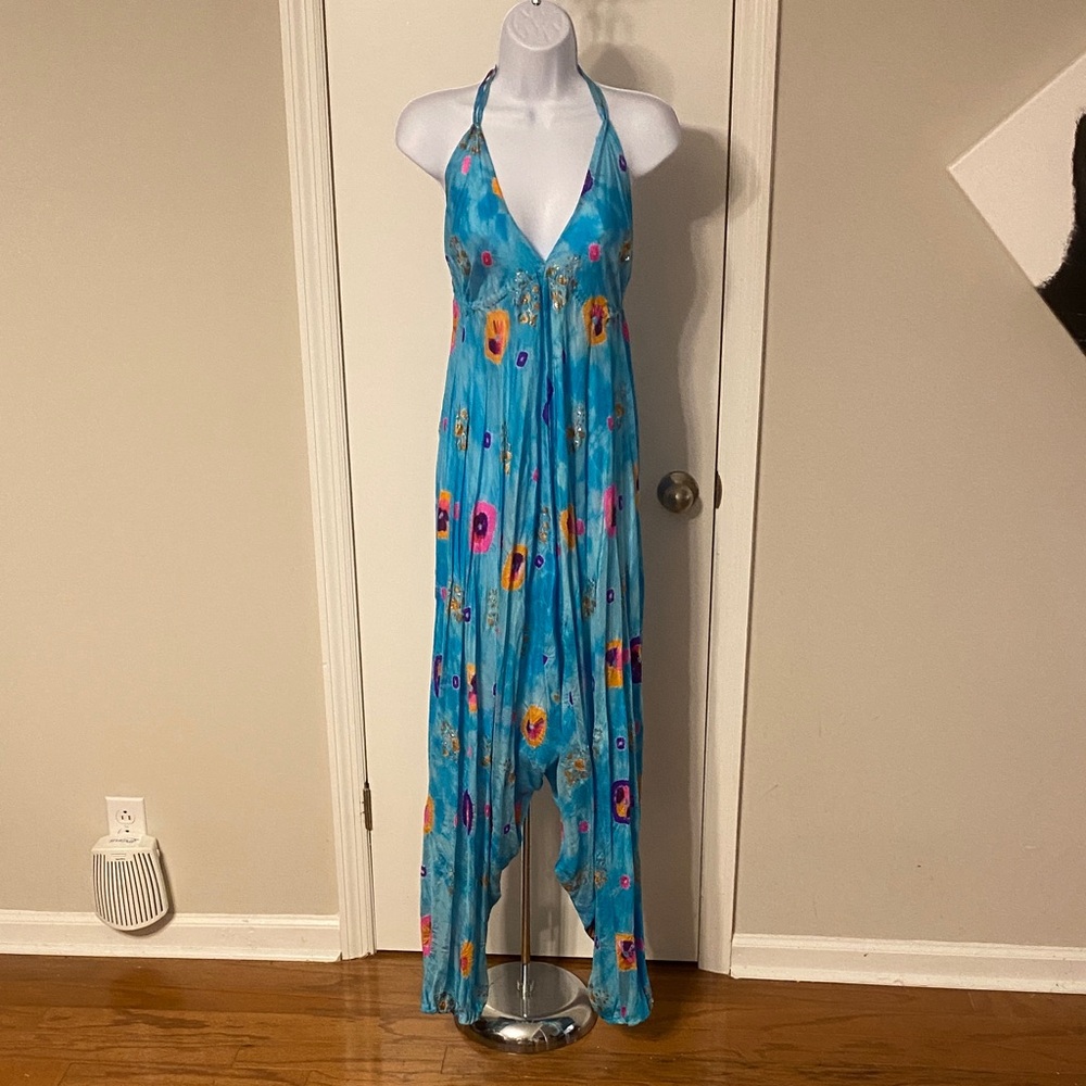 Juliet Dunn Silk Jumpsuit Blue Floral
